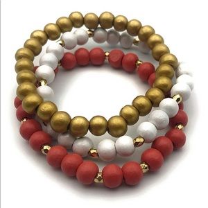 Set of 3 Wooden Beaded Stretch Bracelets with Golden Accents